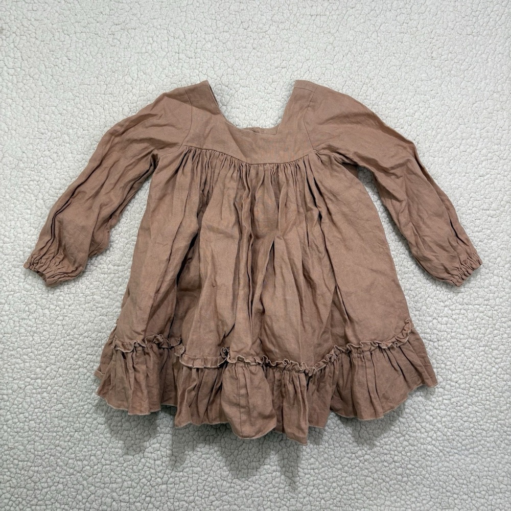 Dannie and Lilou Linen Dress 3-4Y Brown Long Sleeve Square Neck Pleated Ruffle‎